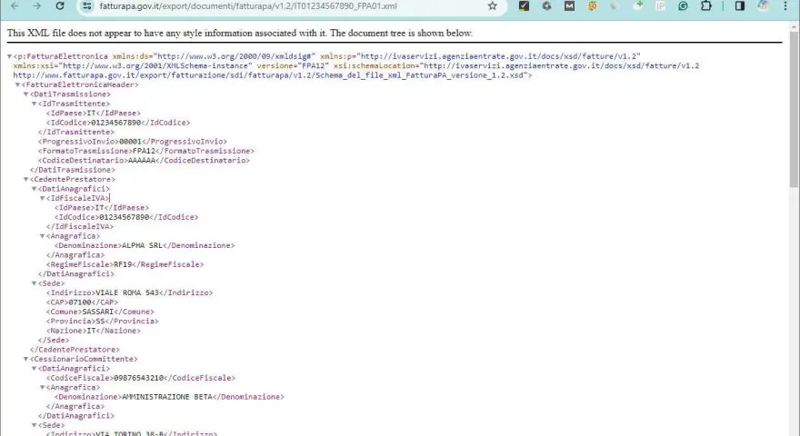 Visualizzazione struttura di un file XML per l'apertura di una fattura elettronica. Contiene dati del mittente, destinatario e dettagli fiscali.