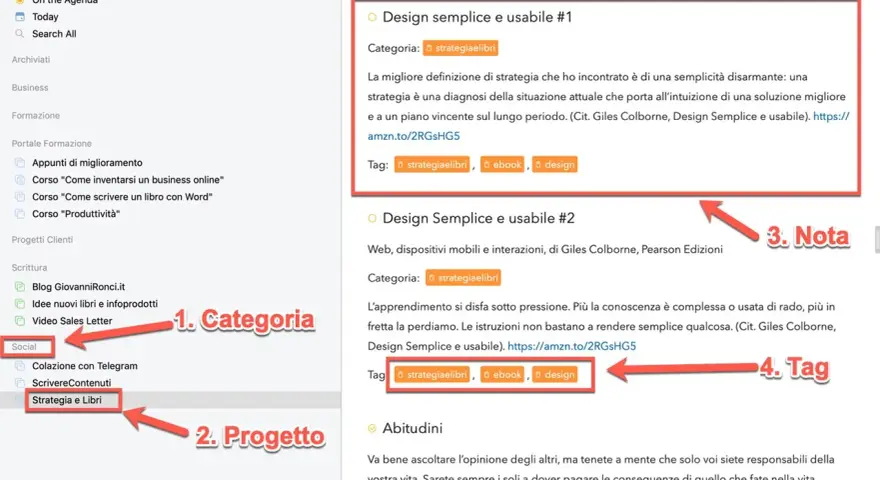 Appunti sul cellulare organizzati per categoria e progetto, con note e tag su "Strategia e Libri".