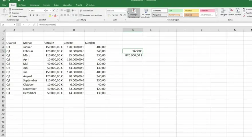 Foglio di calcolo Excel con dati di fatturato mensile e trimestrale. La casella nome "G5" mostra la formula "=SUMME(Umsatz)".