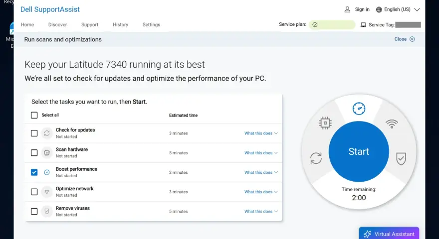 Ottimizzazione prestazioni PC con Dell SupportAssist. Seleziona "Boost performance" per aumentare memoria virtuale e fluidità.