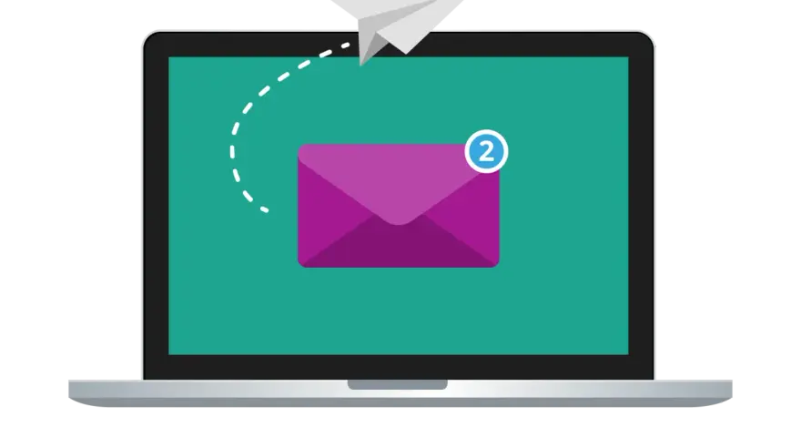 Un aereo di carta vola verso un laptop con una busta viola e un numero "2", illustrando che cos'è la posta elettronica.