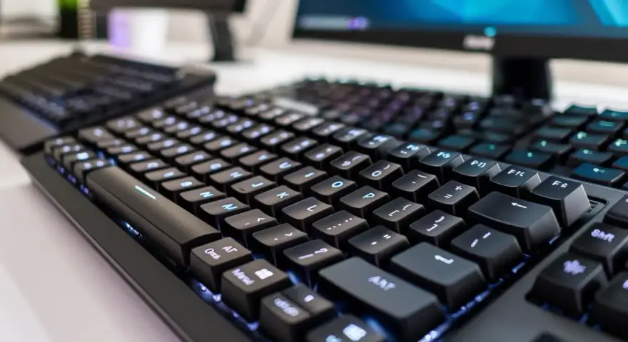 Tastiera nera retroilluminata, perfetta per imparare come fare il trattino basso sul computer.