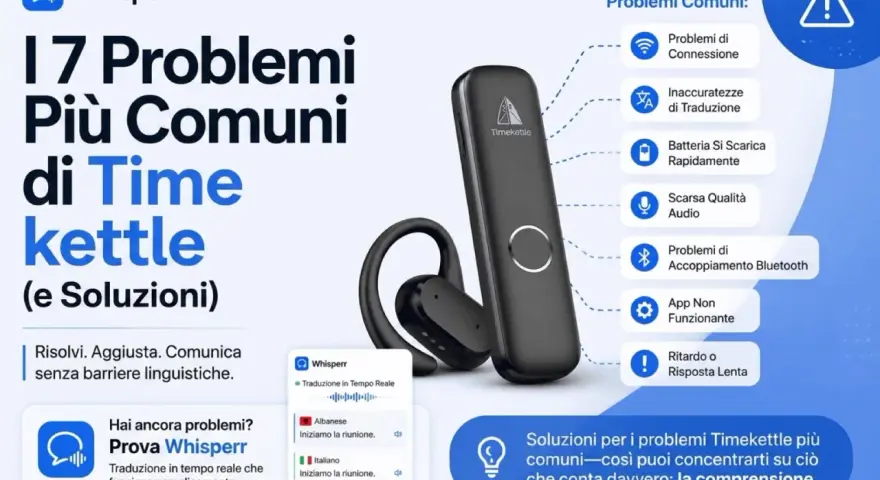 Guida ai 7 problemi comuni di Timekettle, inclusi i motivi per cui le cuffie Bluetooth non si collegano e come risolverli.