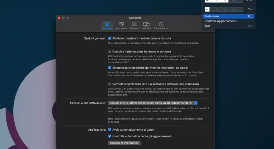 Impostazioni di sistema per come regolare la luminosità dello schermo. Opzioni generali per le transizioni morbide e sincronizzazione monitor.