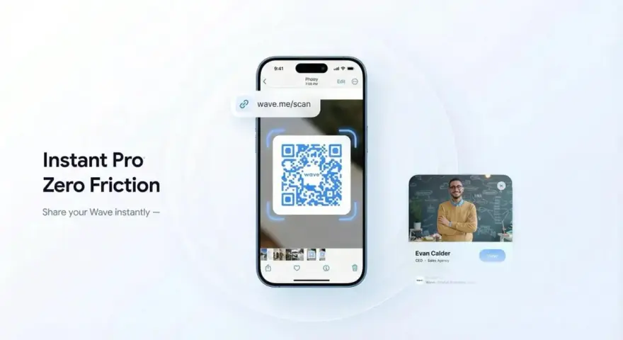 Come leggere QR code: un telefono inquadra un QR code Wave per condividere istantaneamente un contatto.
