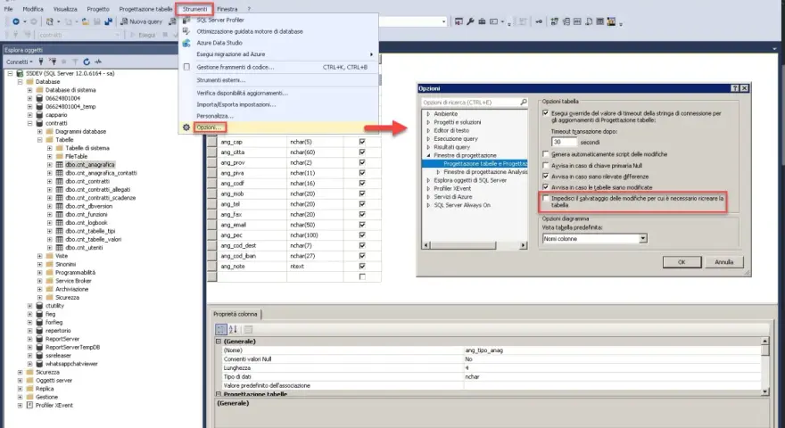 Opzioni per impedire il salvataggio delle modifiche che richiedono di eliminare tabella SQL.
