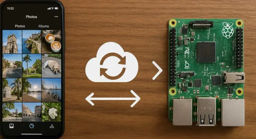 Smartphone con foto e scheda Raspberry Pi, con un'icona cloud che simboleggia la sincronizzazione, ideale per progetti raspberry android.