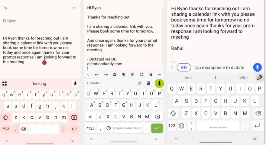 Schermate di un telefono che mostrano le impostazioni tastiera telefono e un'email.