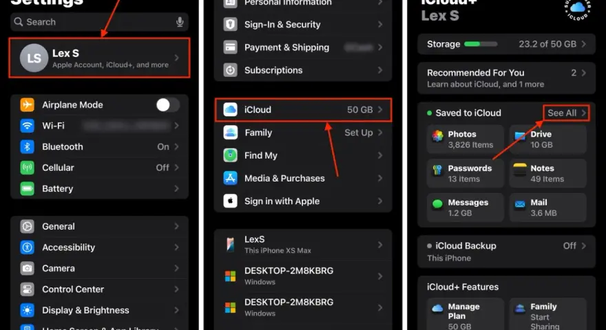 Schermate impostazioni iPhone per gestire l'account Apple e iCloud. Mostra come eliminare account Apple tramite iCloud.