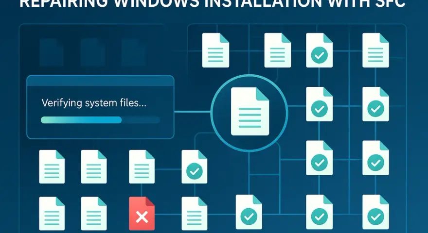 Verifica file di sistema con comando scannow. Icone di file con spunte verdi, una rossa con X.