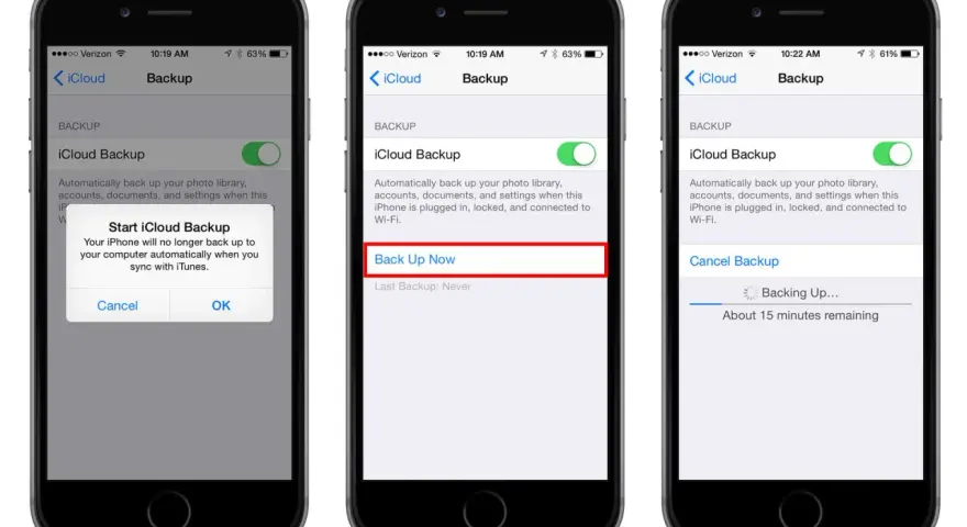 Schermate iPhone mostrano come fare il backup su iCloud. Tocca "Esegui backup adesso" per avviare il processo.