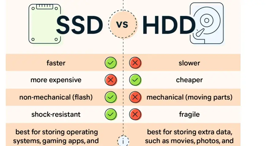 Confronto tra SSD e HDD: che cos'è l'hard disk? L'SSD è più veloce, non meccanico e resistente agli urti, ideale per sistemi operativi. L'HDD è più lento, economico e fragile, ottimo per archiviare dati.
