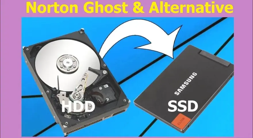 Clonare hard disk: un HDD e un SSD Samsung affiancati, con una freccia bianca che indica il passaggio da uno all'altro.