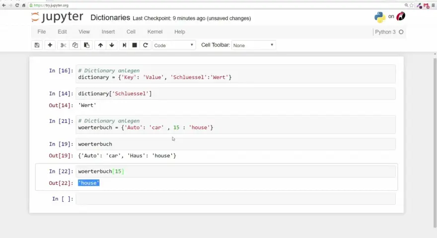 Esempio di codice Python che mostra la creazione e l'uso di un dizionario, con chiavi e valori in italiano e tedesco.