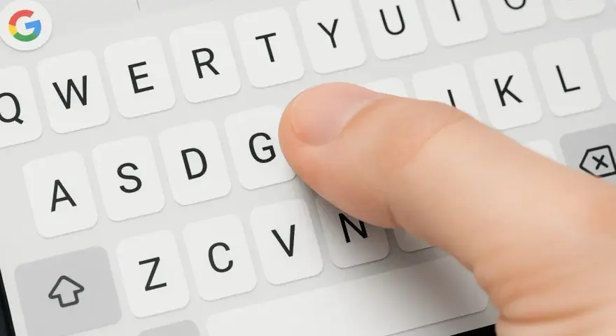 Dito come ingrandire la tastiera del cellulare: un dito preme il tasto "G" su una tastiera virtuale.