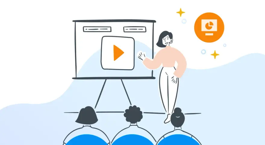 Presentazione con un video e un'icona di grafici. Ideale per chi cerca un power point gratis per le proprie idee.