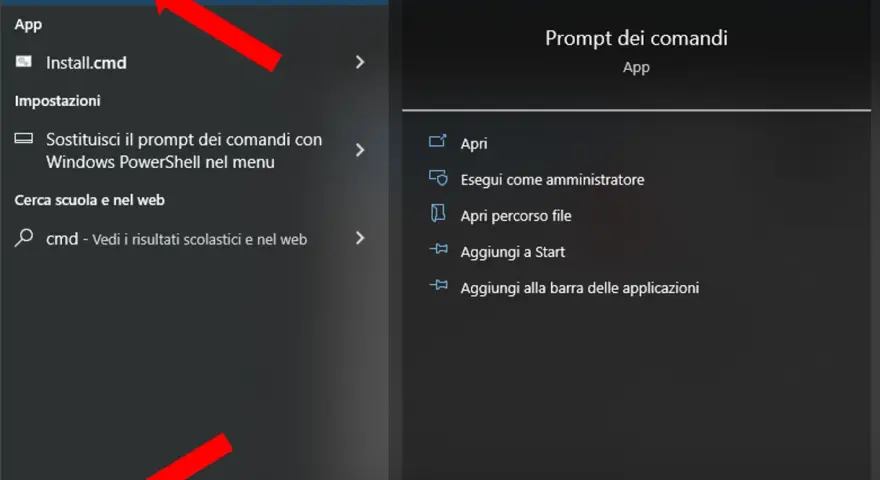 Menu Start per aprire cmd. Cerca "cmd" per trovare il prompt dei comandi e le opzioni per aprirlo.