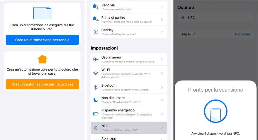 Configurazione automazione iPhone: seleziona NFC per creare un'azione rapida con un tag.