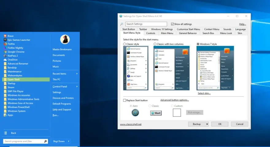 Impostazioni di Open-Shell per personalizzare il tasto Start Windows 10.