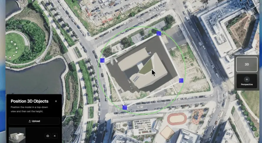 Interfaccia per posizionare un file obj 3D su una mappa aerea, con strumenti di manipolazione visibili.