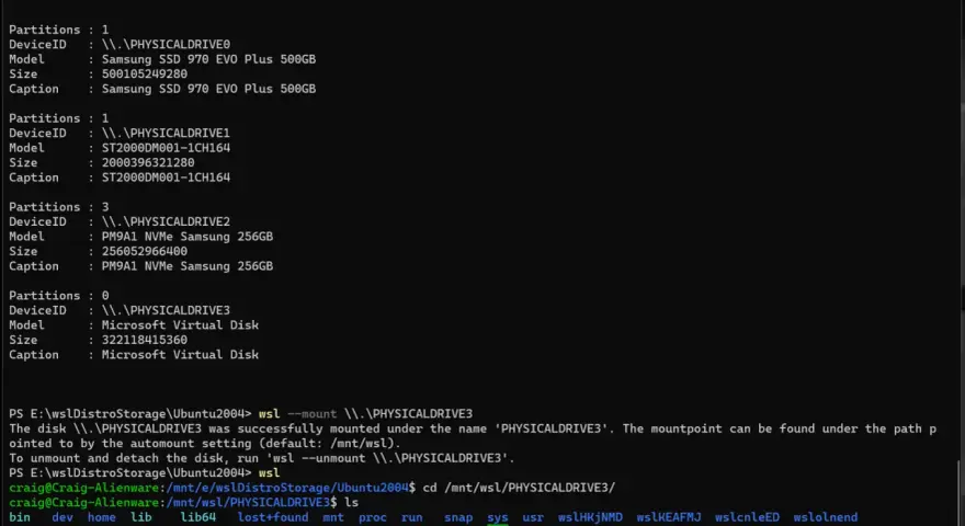 Un terminale Linux mostra l'elenco dei dischi e delle partizioni, inclusi SSD e dischi virtuali, con comandi per montarli e navigare.