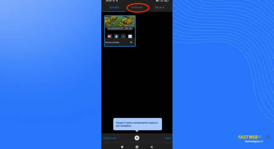 Schermata di navigazione in incognito da cellulare, con la scheda "InPrivate" attiva.