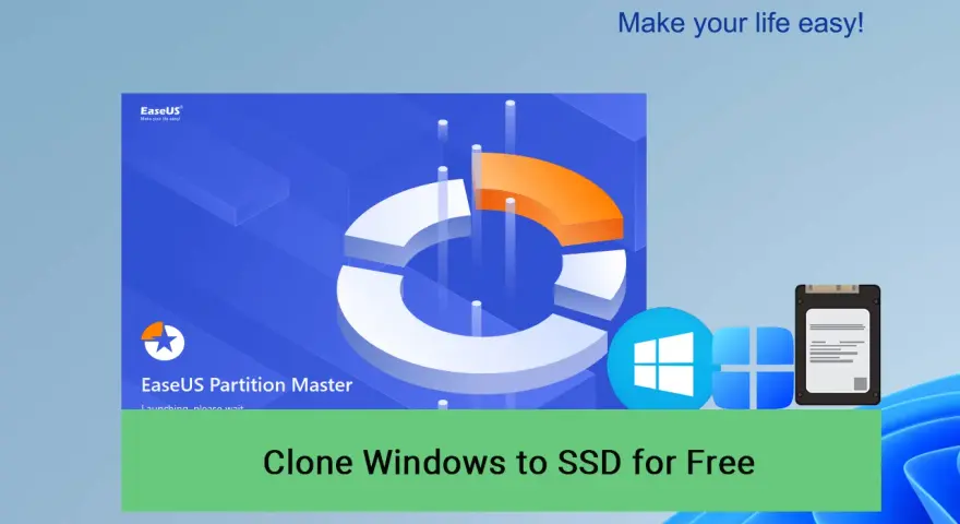Clonare hard disk Windows 10 gratis con EaseUS Partition Master. Icone Windows e SSD.