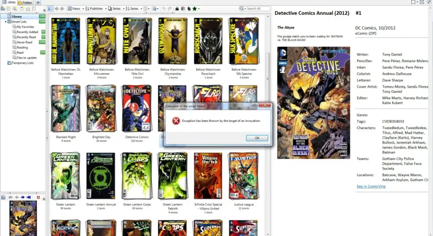 Errore nell'esecuzione dello script: "Exception has been thrown by the target of an invocation." Visualizzato su ComicRack, con copertine di fumetti come Detective Comics.