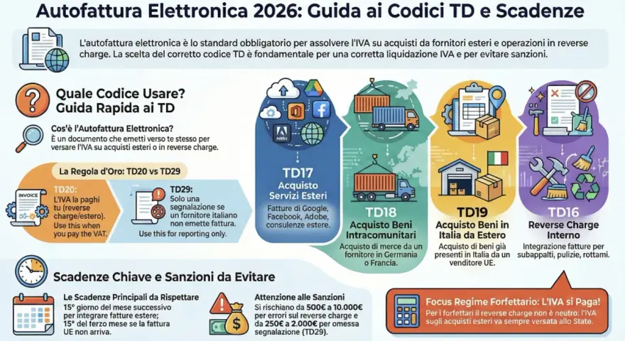 Guida all'autofattura elettronica 2026: codici TD per acquisti esteri, beni intracomunitari e reverse charge interno. Evita sanzioni!
