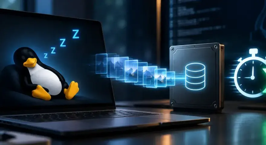 Tux, il pinguino Linux, dorme profondamente mentre i dati vengono trasferiti su un disco esterno. Sto eseguendo l'ibernazione del sistema per un rapido ripristino.