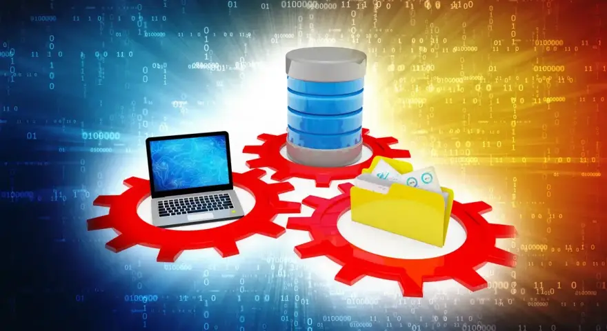 Un laptop, un database e una cartella su ingranaggi rossi, con codice binario sullo sfondo. Simboleggia la gestione dei dati e il ruolo di sql server agent.