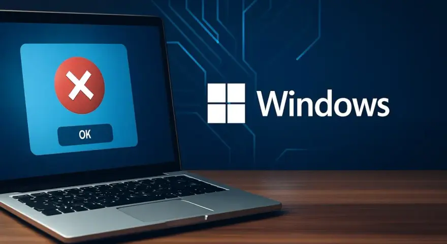 Laptop con errore di sistema Windows 10. Icona rossa con X e pulsante OK. Ripristino file di sistema necessario.