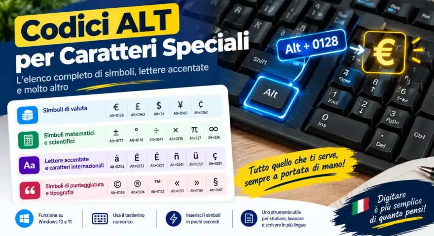 Mappa caratteri speciali: scopri come inserire simboli, valute (€) e lettere accentate con i codici ALT.