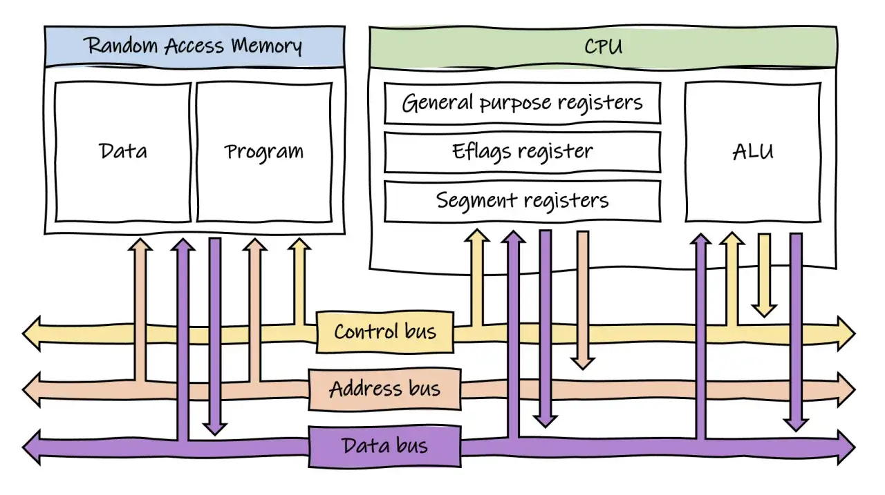 Schema di un sistema x86 32 bit: CPU con registri e ALU, RAM divisa in dati e programma, e bus di controllo, indirizzi e dati.