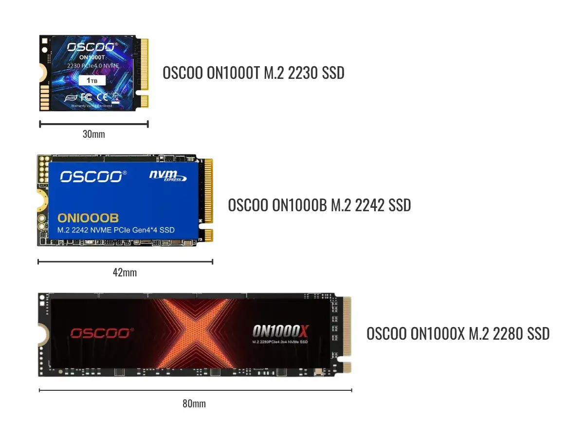 Confronto dimensioni SSD: OSCOO ON1000T (30mm), ON1000B (42mm) e ON1000X (80mm).