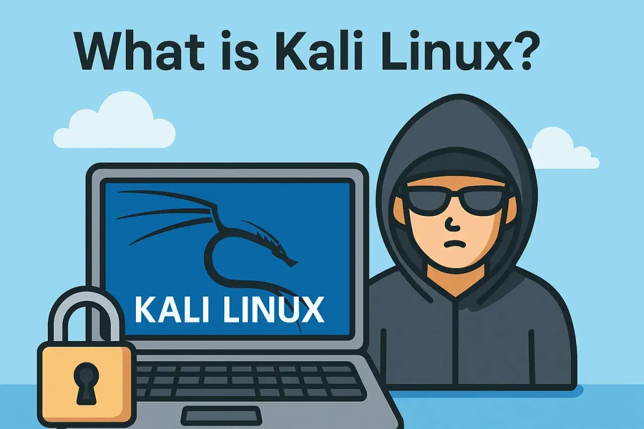 Un hacker con cappuccio e occhiali da sole accanto a un laptop che mostra il logo di Kali Linux. Una guida per chi vuole imparare.