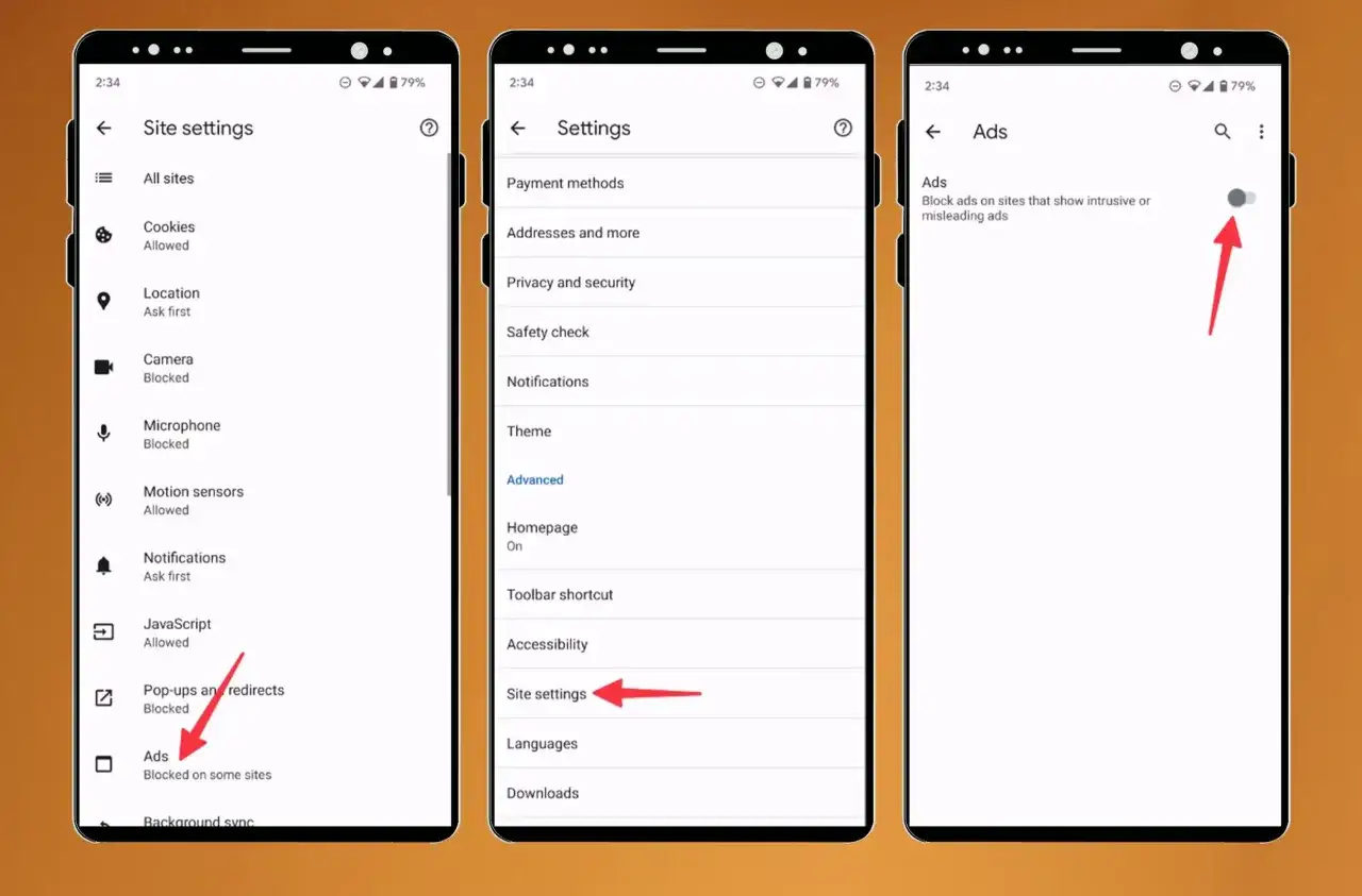 Schermate che mostrano come eliminare la pubblicit&agrave; dal cellulare, navigando nelle impostazioni del sito e disattivando gli annunci.