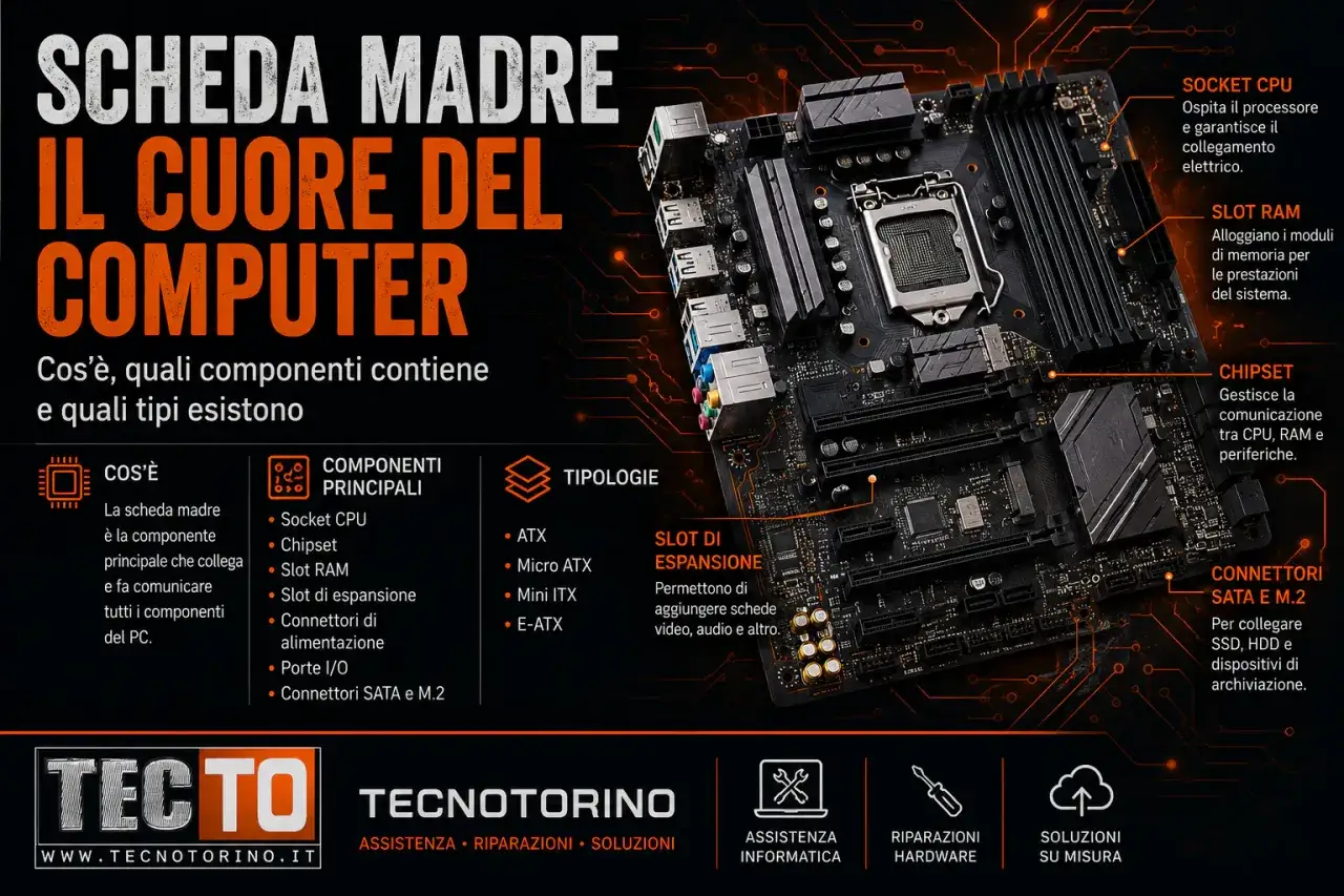 La scheda madre, il cuore del computer, collega tutti i componenti. L'immagine mostra i suoi elementi: CPU, RAM, Chipset e slot.