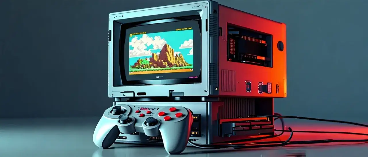 Retro gaming su PC: un controller vintage e un monitor CRT mostrano un gioco 8-bit.
