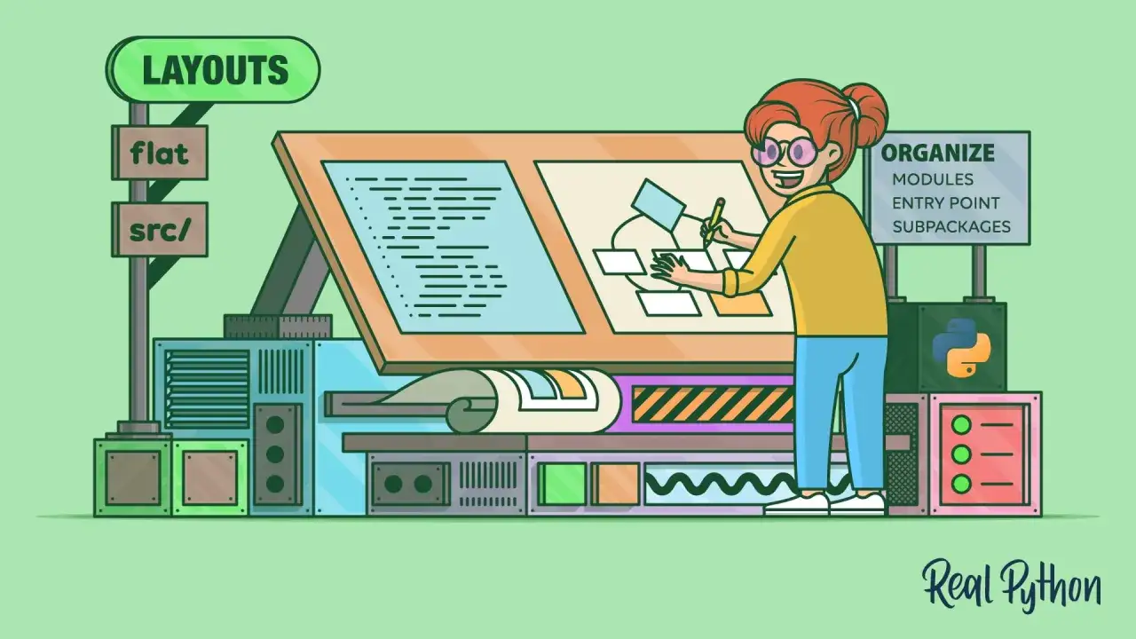 Illustrazione di un tutorial Flask: una persona organizza layout e codice, con simboli Python e indicazioni per moduli e sottpacchetti.