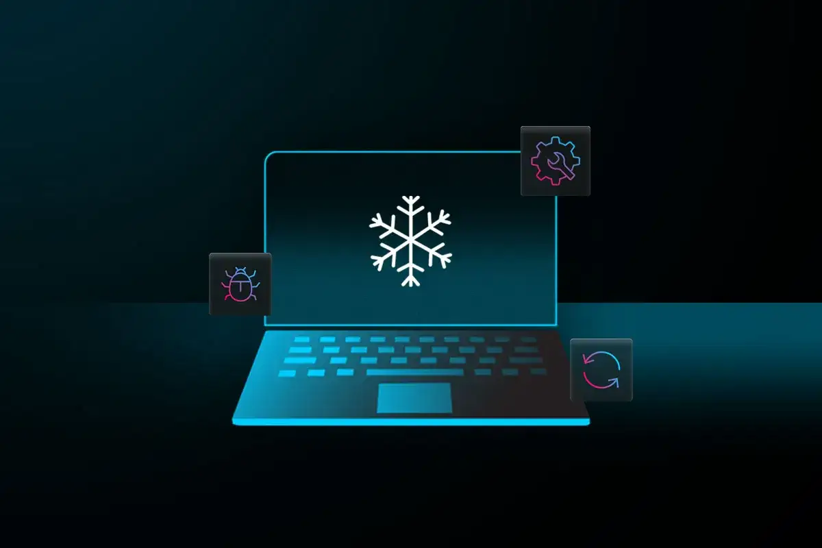 Laptop bloccato con fiocco di neve sullo schermo. Icone di bug, impostazioni e aggiornamento suggeriscono la necessit&agrave; di forzare lo spegnimento del PC.