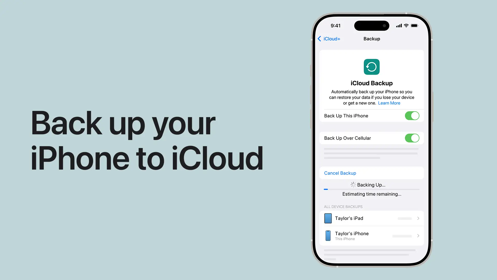 Schermata iPhone che mostra come fare il backup su iCloud. Backup in corso, con opzioni per backup su cellulare e backup di altri dispositivi.