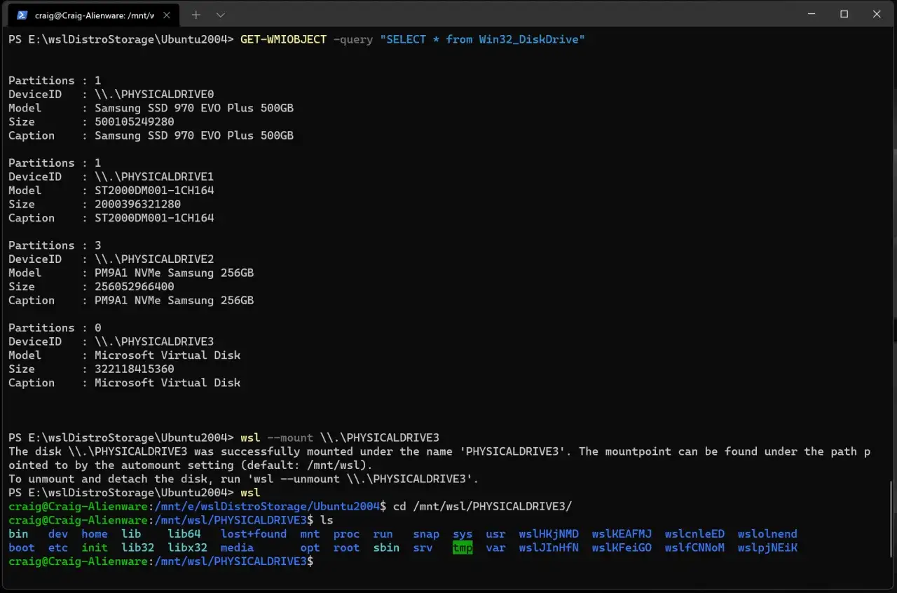Schermata di un terminale Linux che mostra comandi per elencare e montare dischi fisici e virtuali.