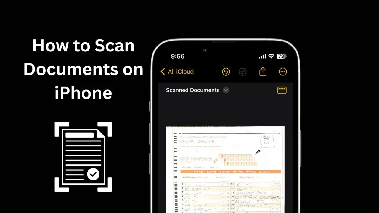 Guida per scansione documenti iPhone. L'app Note mostra un documento scansionato con risposte compilate.