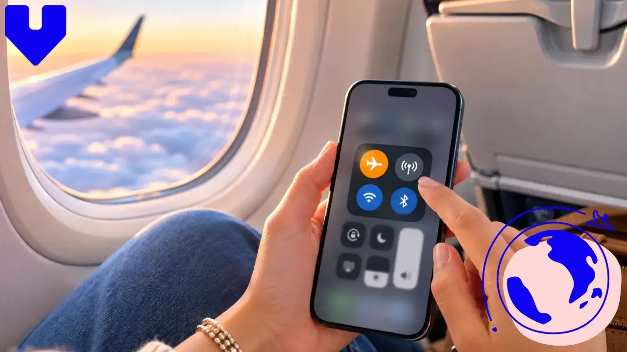 Mano che attiva la modalità aereo sul telefono, spiegando cosa significa modalità offline in volo. Vista dall'aereo.