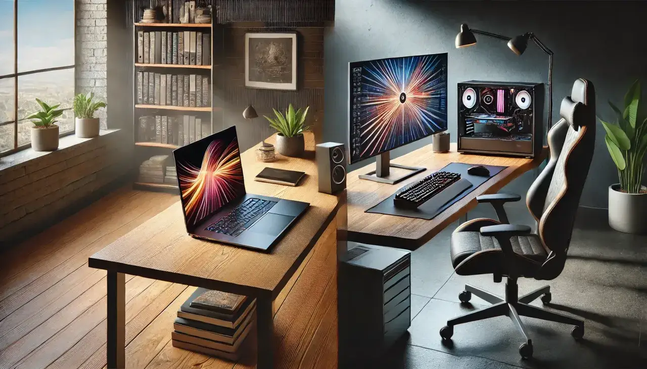 Un notebook su un tavolo di legno, contrapposto a un PC fisso con sedia da gaming. La differenza tra notebook e PC portatile è evidente.