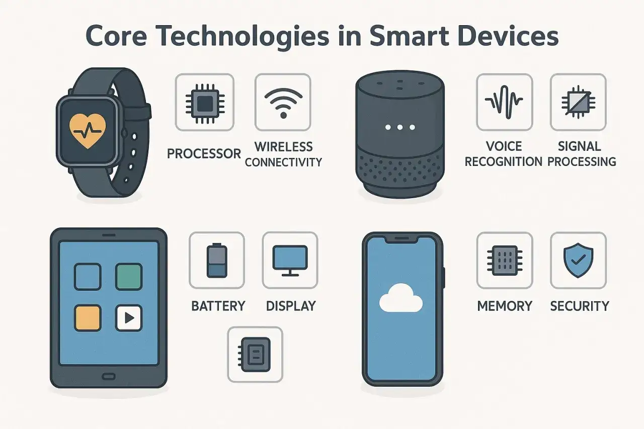 Illustrazione delle tecnologie chiave nei dispositivi smart: processore, connettività wireless, riconoscimento vocale, elaborazione del segnale, batteria, display, memoria e sicurezza.