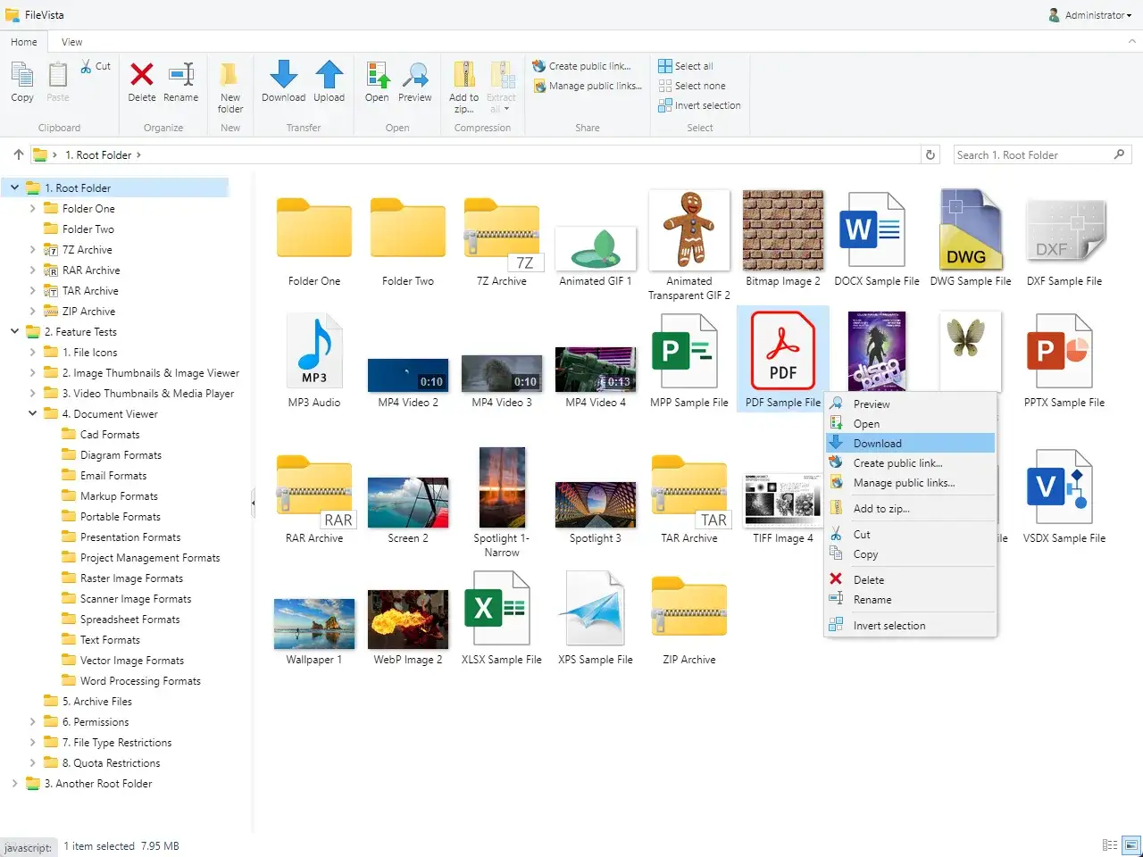 FileVista mostra una cartella con vari file scaricati, tra cui un PDF selezionato con il menu contestuale aperto su 
