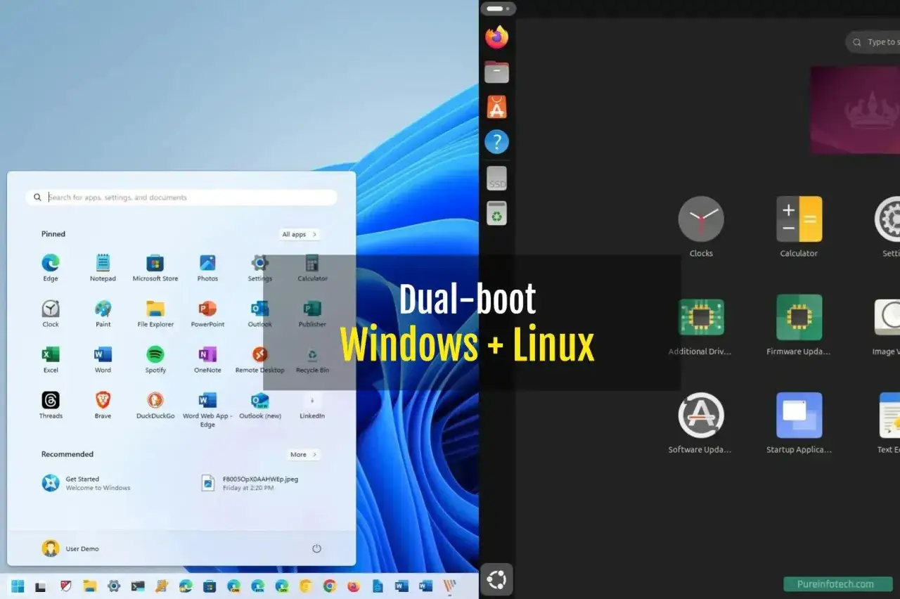 Schermata che mostra un sistema dual boot Linux e Windows, con il menu Start di Windows a sinistra e le icone delle app di Linux a destra.