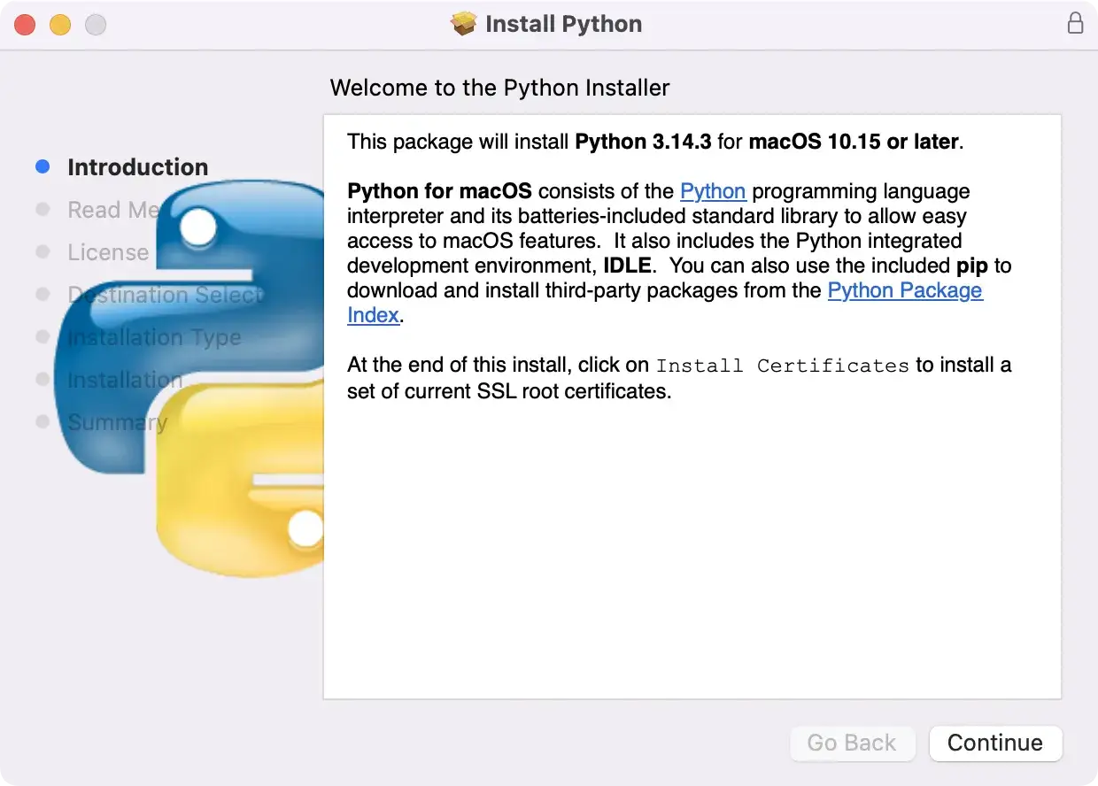 Installazione di Python 3.14.3 su macOS. La schermata di benvenuto descrive come installare Python, il suo ambiente di sviluppo IDLE e pip.